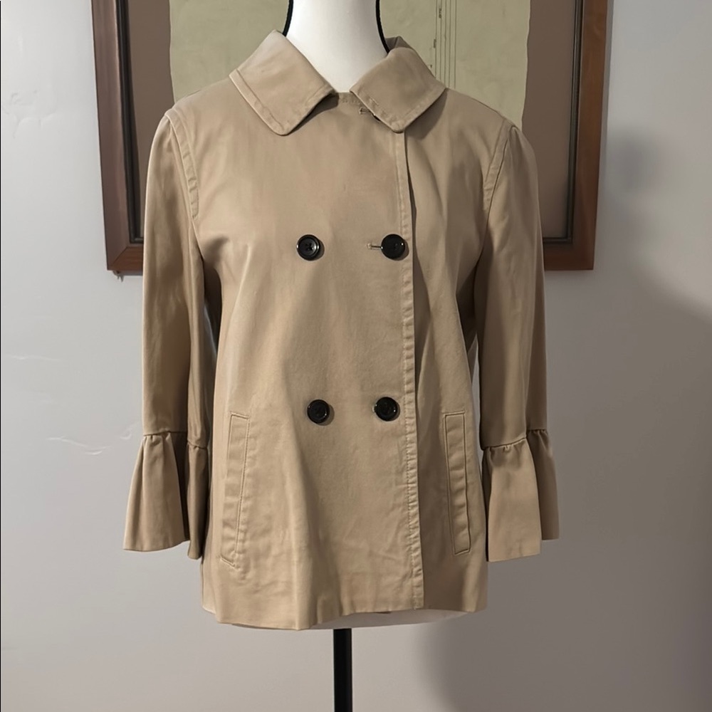 Draper James Light Beige Double-Breasted Trench Coat with Flared Sleeves